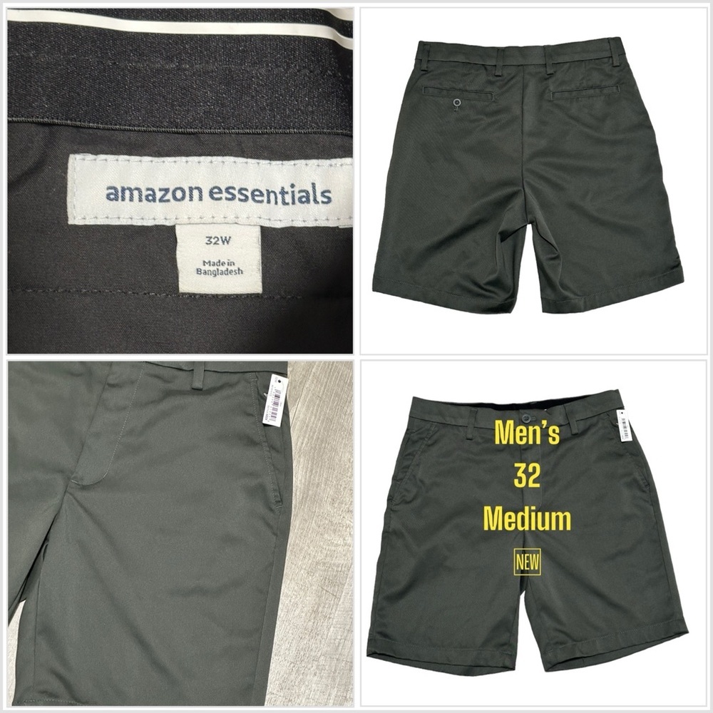 Amazon essential 32 Medium Golf Shorts Olive Chino Khakis Silicone Gripper Waist